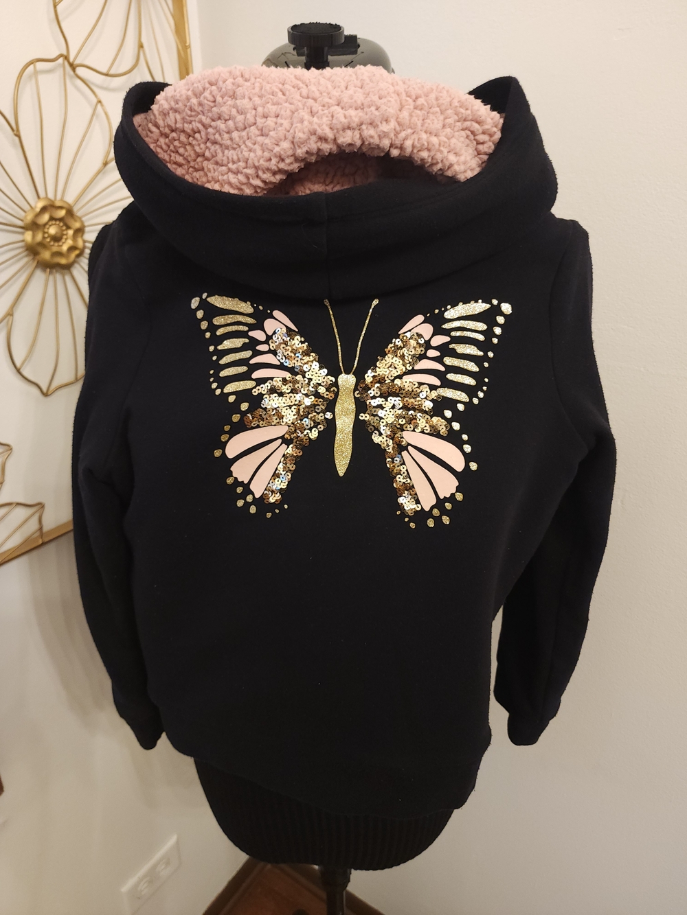 The CHILDREN'S PLACE Black Jacket with Pink Sherpa and Gold Butterfly